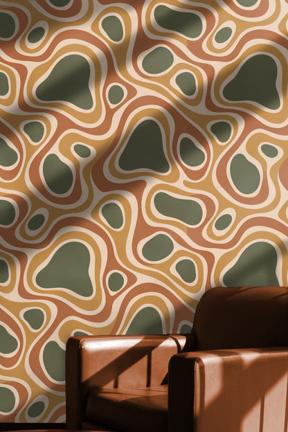 Modern decor placed against patterned wall, showing scale and contrast.