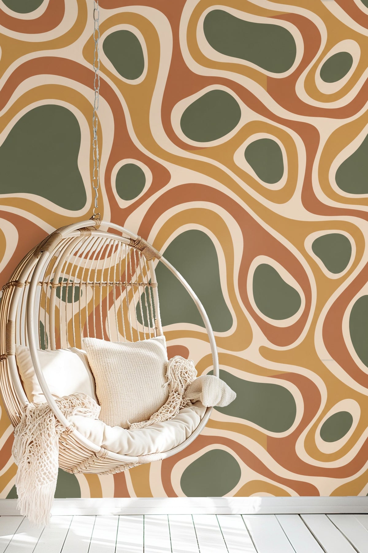 Close-up detail of wallpaper's flowing contour lines and pebble shapes in earth tones.