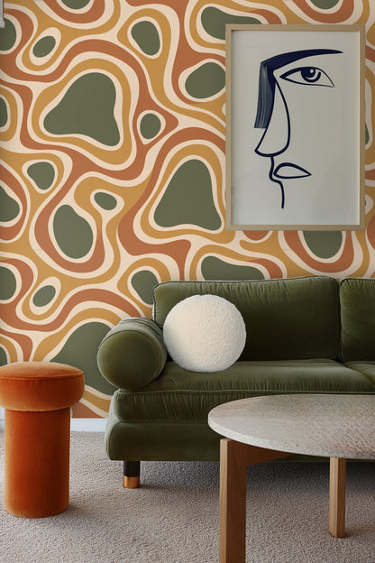Abstract wallpaper featuring layered organic shapes in ochre, terracotta, cream, and olive green.