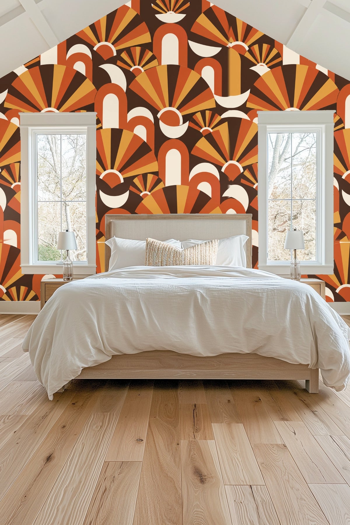 Decorative fans and arches motif in warm terracotta and beige tones creating a layered pattern