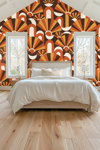 Decorative fans and arches motif in warm terracotta and beige tones creating a layered pattern