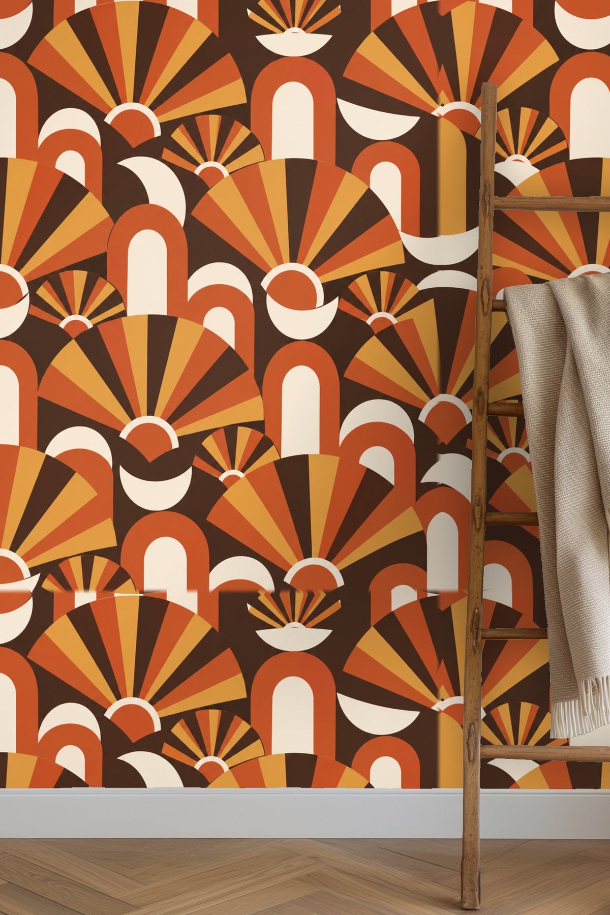 Abstract wallpaper pattern repeating radiant fan shapes in burnt orange, ochre, deep brown and creamy white