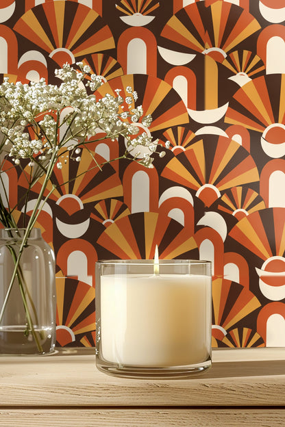 Close-up detail of geometric retro wallpaper with terracotta, ochre, brown and cream fan and arch motifs