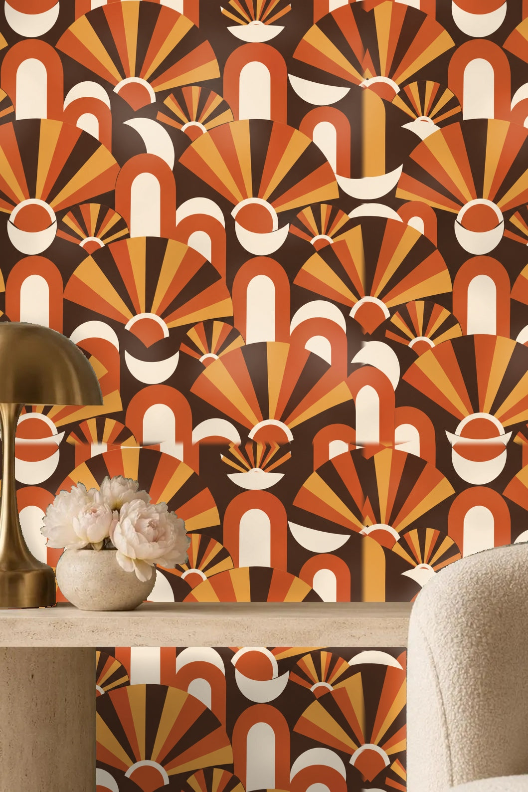 View showing smooth, clean lines and bold color blocking of the wallpaper design