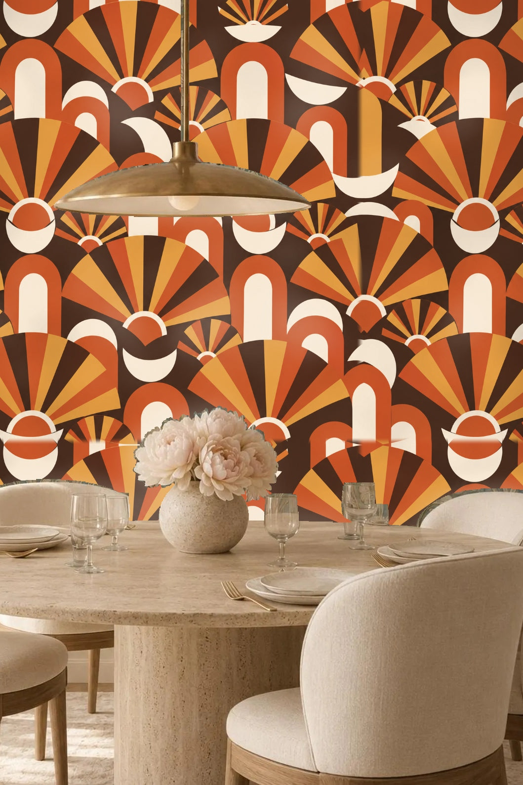 Close detail of wallpaper showing alternating fan segments in yellowed ochre and burnt sienna hues