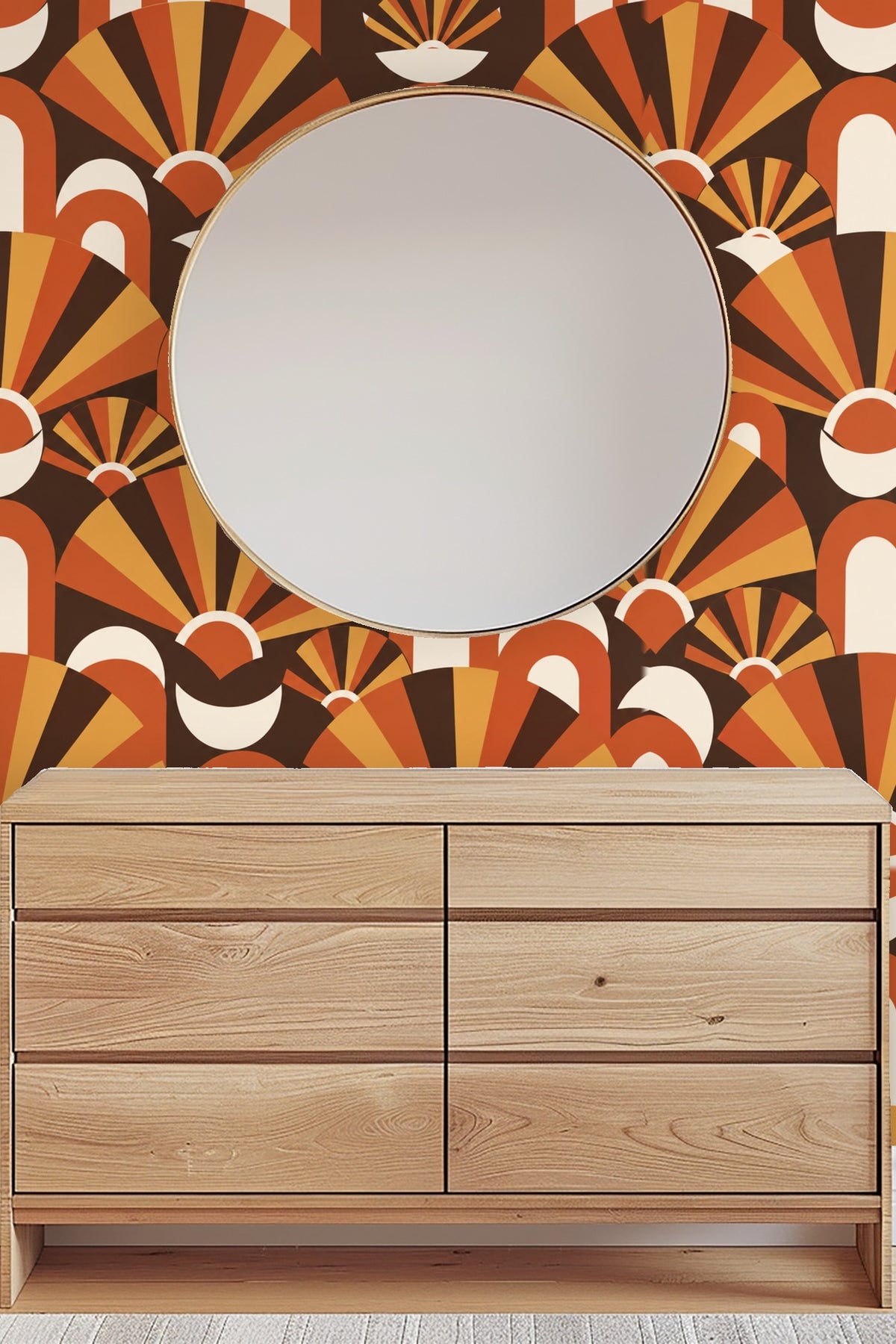 Lifestyle shot of an accent wall highlighting midcentury inspired geometric wallpaper
