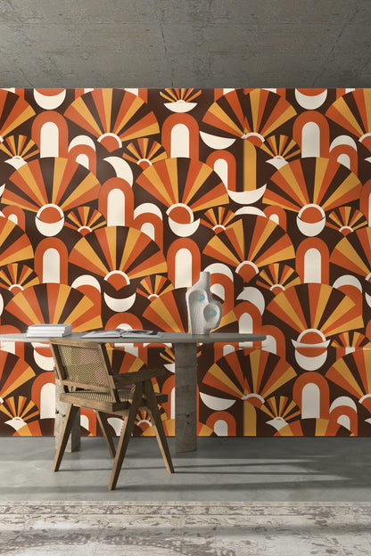 Creative living space with wallpaper enhancing retro-modern aesthetic