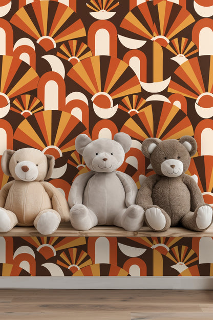Wide shot of wall showing the pattern’s large-scale effect in a softly lit room