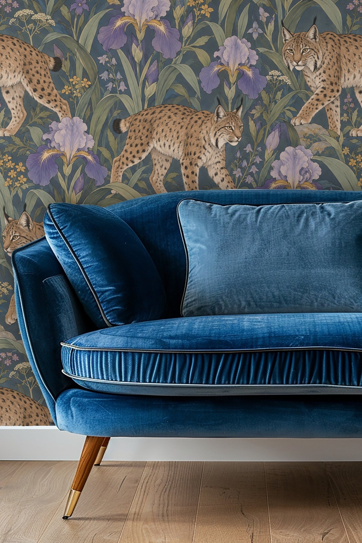 Original artwork showing spotted lynxes amidst lilac iris flowers on deep blue background.