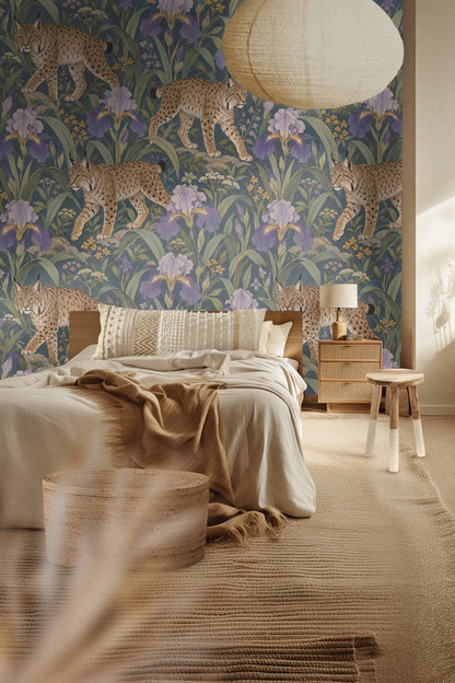 Entryway alcove decorated with a mirror reflecting the same lynx and iris wallpaper.
