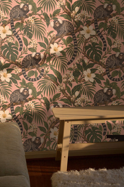 Soft pink background visible behind dense floral and marmoset pattern