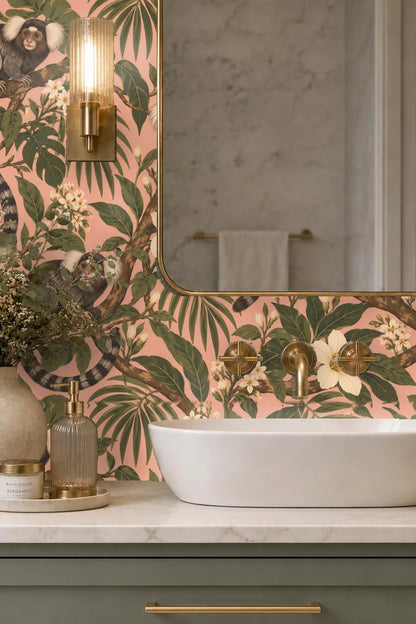 Clusters of cream and white tropical flowers interspersed among green foliage on pink wallpaper