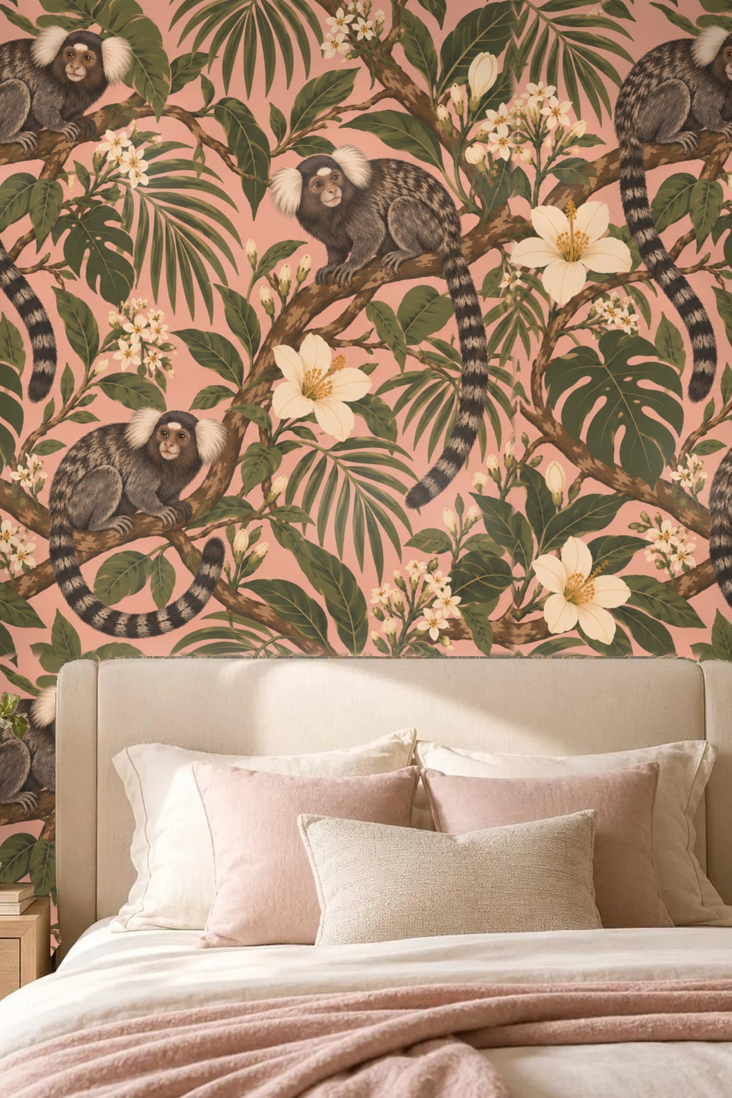 Living room with rose palm marmoset wallpaper hosting a curved pink velvet sofa and round marble coffee table