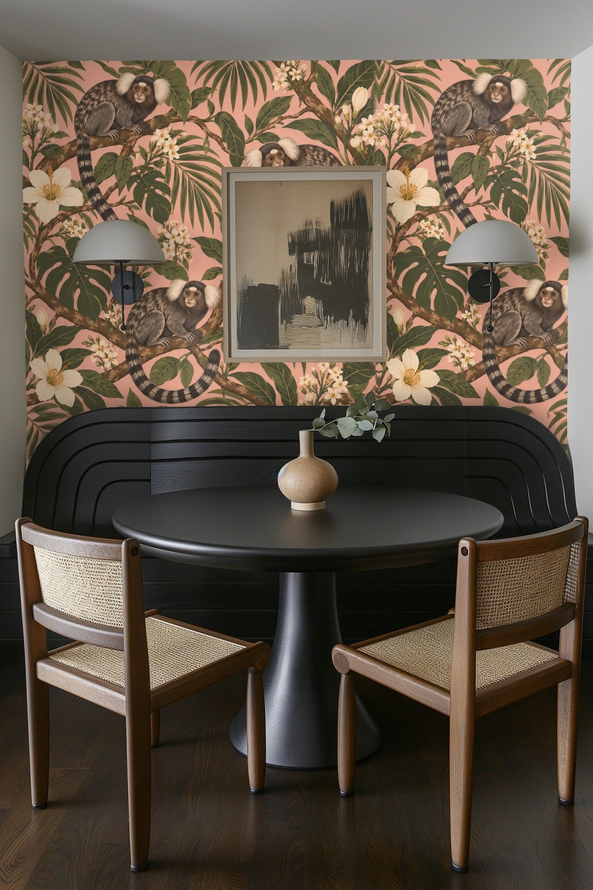 Detail of overlapping tropical leaves creating depth and texture in the wallpaper