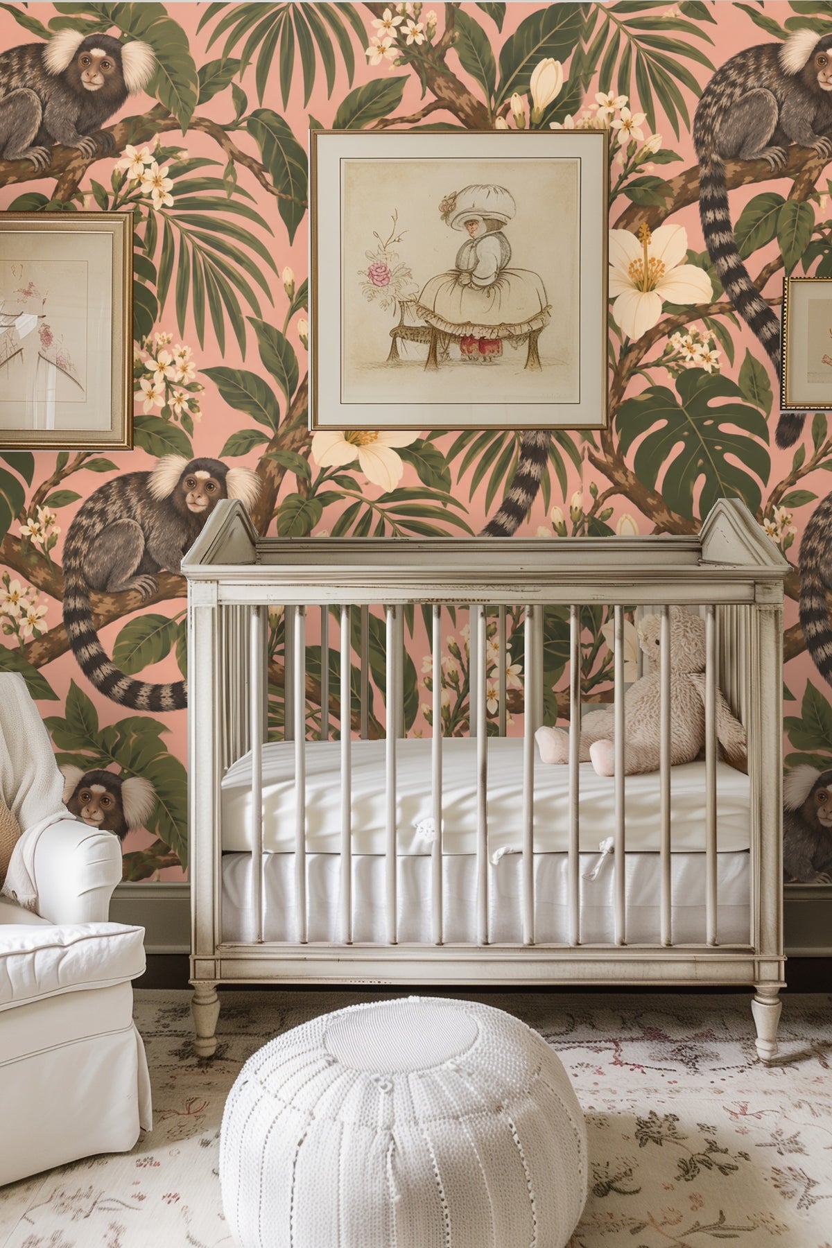 Creamy white flowering buds on branches winding through wallpaper design