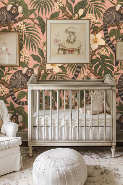 Creamy white flowering buds on branches winding through wallpaper design