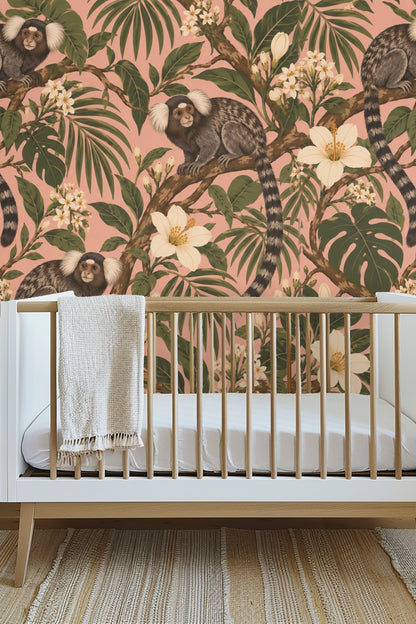 Pattern of lush palm leaves and marmoset faces in naturalistic painting style