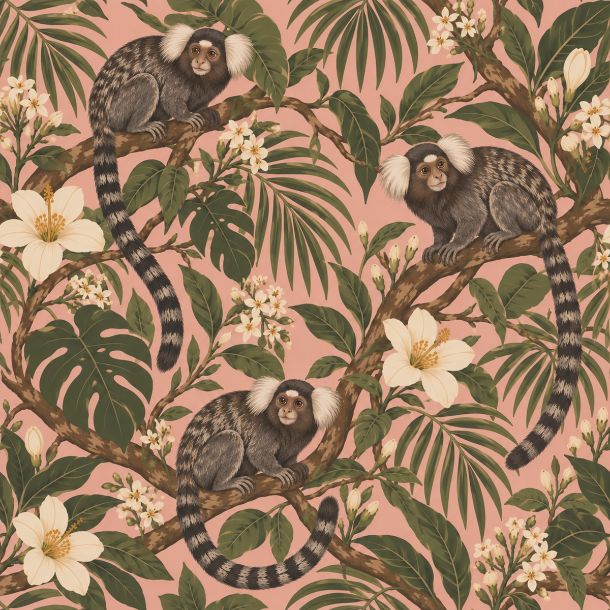 Room atmosphere highlighting playful yet elegant tropical wallpaper motif