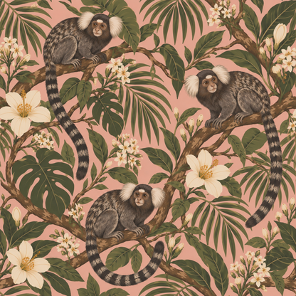Room atmosphere highlighting playful yet elegant tropical wallpaper motif