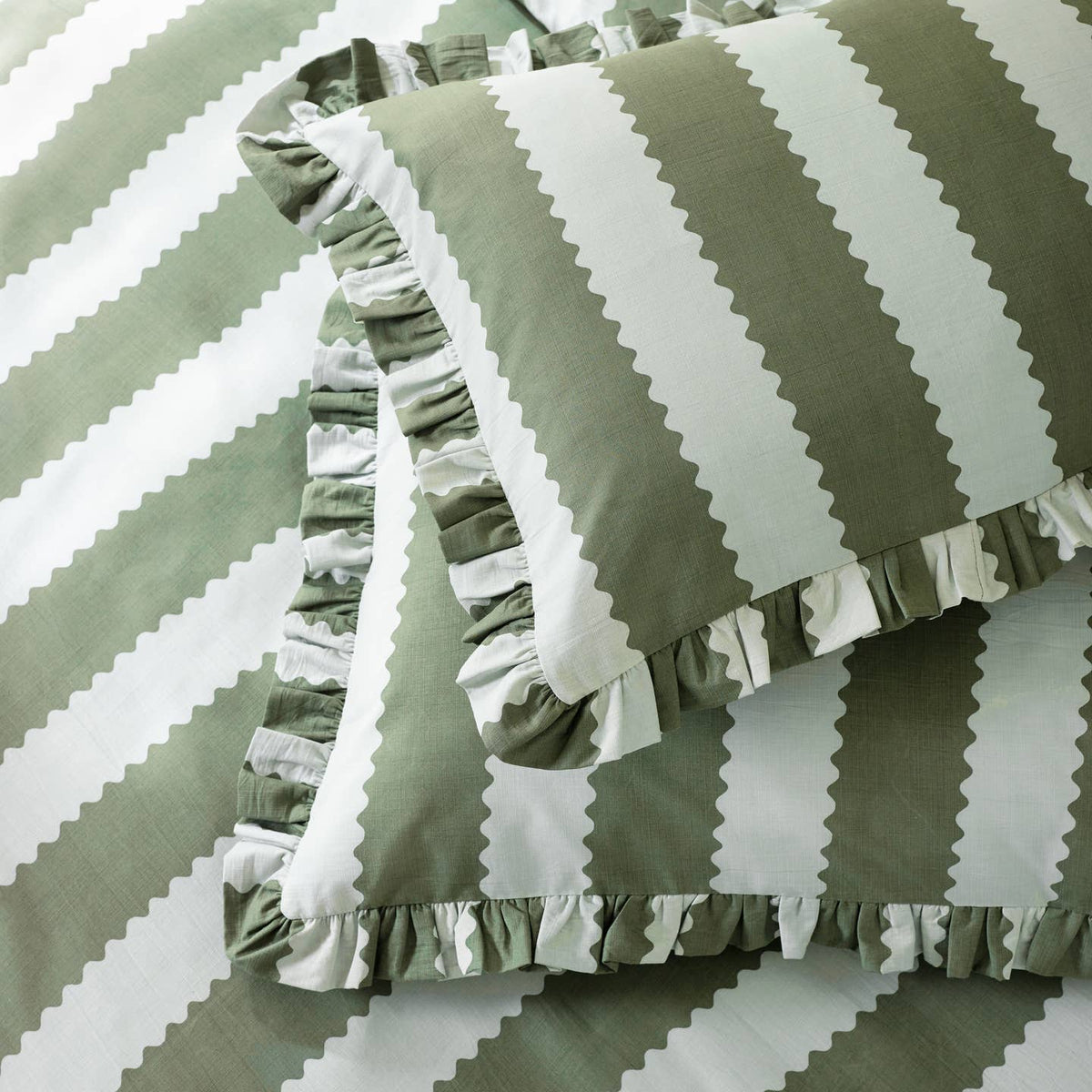 Birdie Stripe Ruffle Duvet Cover Set Bay Green/Mist by Riva Home — view 4