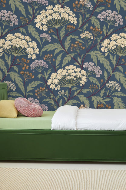 Subtle shadow and textural detail of wallpaper surface with umbel flowers