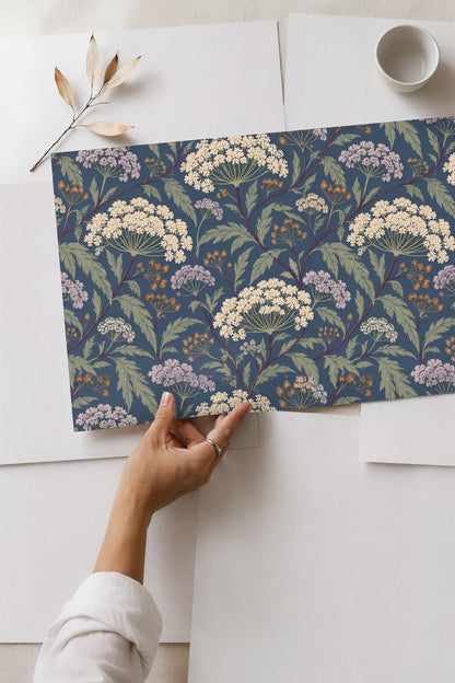 Dark purple stems weaving through botanical motifs on wallpaper