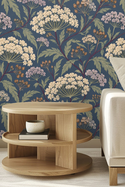 Arrangement of multiple umbel seed heads in brown on wallpaper