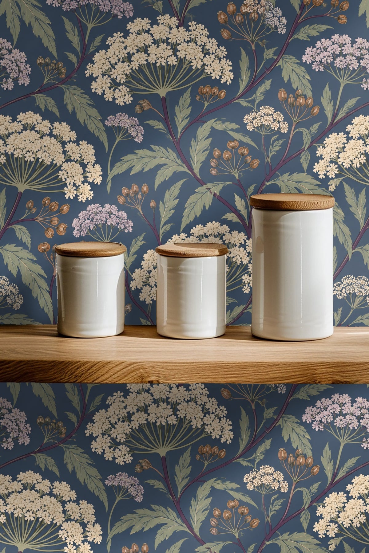 Large floral umbels creating a rhythmic pattern on wallpaper