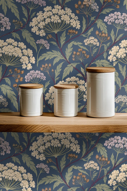 Large floral umbels creating a rhythmic pattern on wallpaper