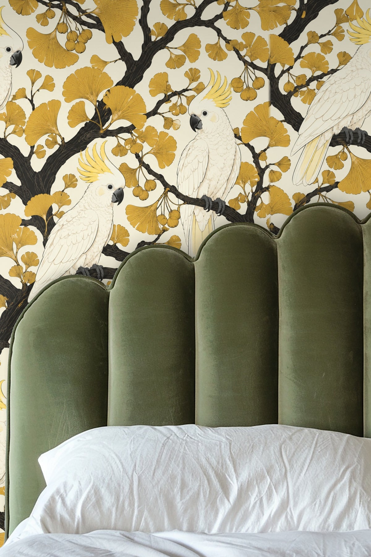 Living room with orange sofa and golden ginkgo cockatoos wallpaper on wall