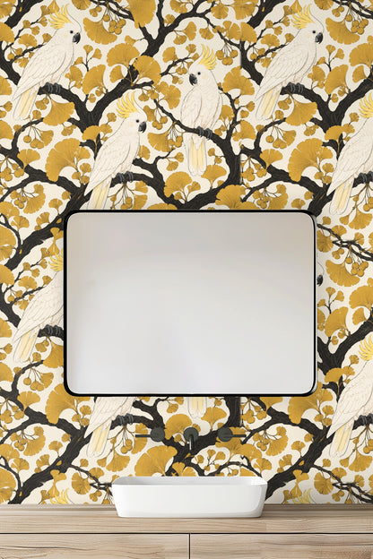 Wallpaper with high-contrast black branches and soft cream background