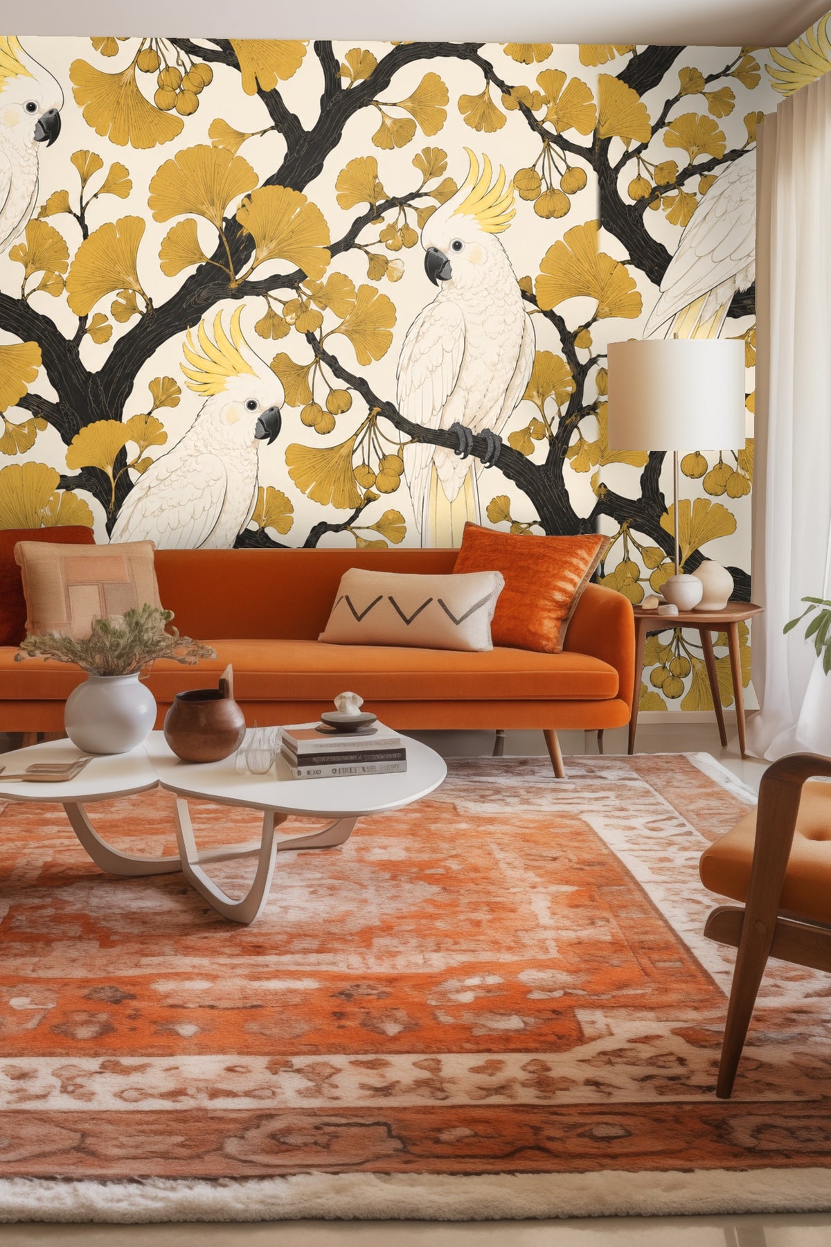 Illustrated wallpaper artwork of white cockatoos perched on black ginkgo tree branches with ochre leaves