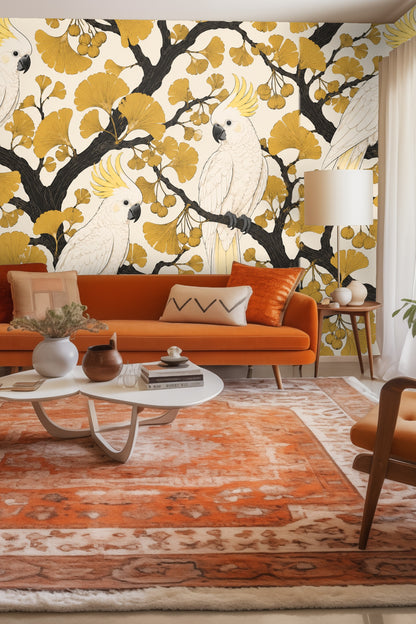 Illustrated wallpaper artwork of white cockatoos perched on black ginkgo tree branches with ochre leaves