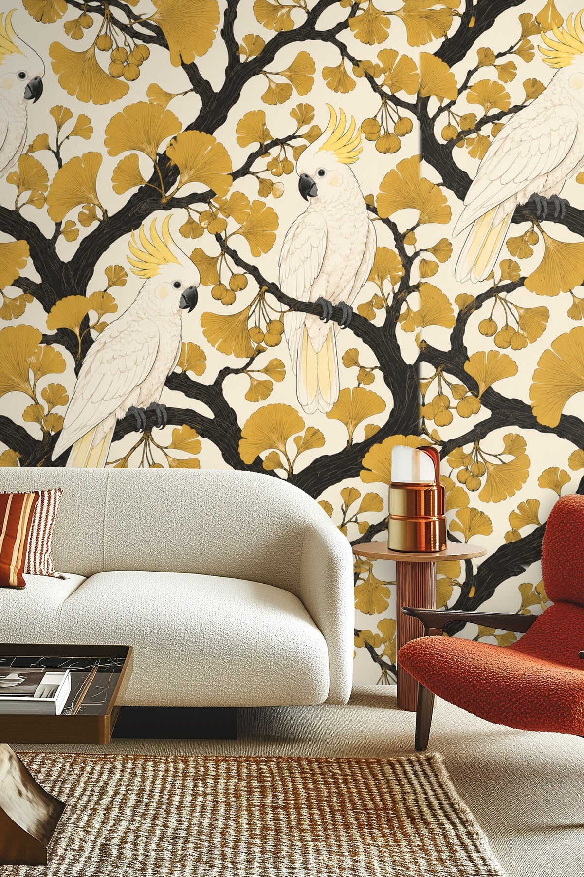 Branch clusters with round ochre seed pods on wallpaper