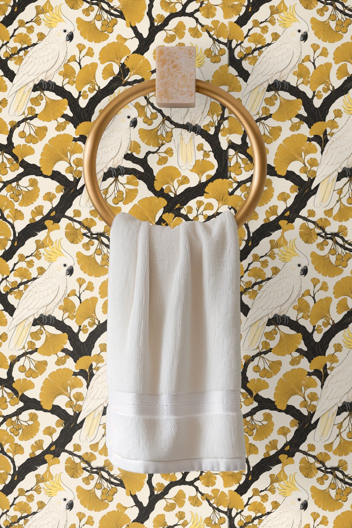 Pattern detail showing black branches and stylized ochre ginkgo leaves