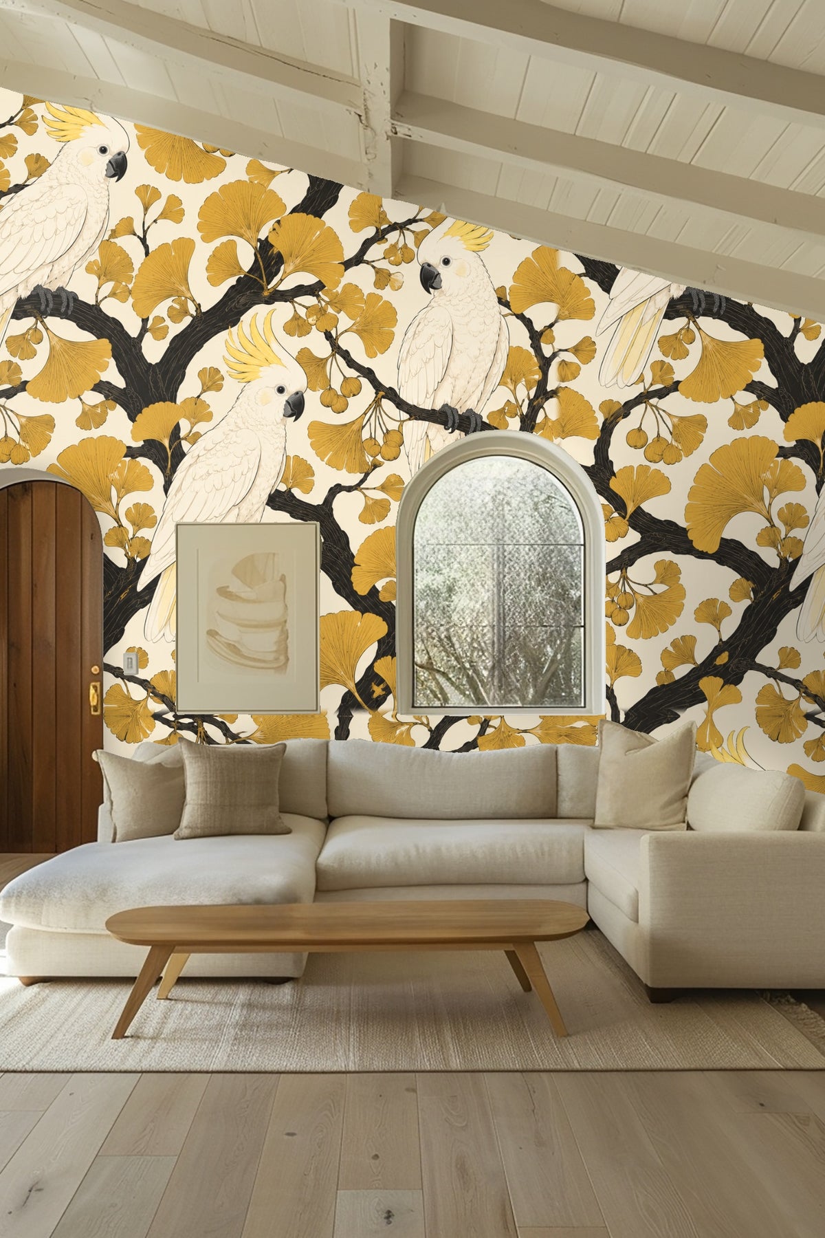 Ink-style drawing of ginkgo leaves and branches in wallpaper pattern