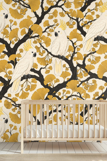 Wall section showing spacing of cockatoo figures among foliage