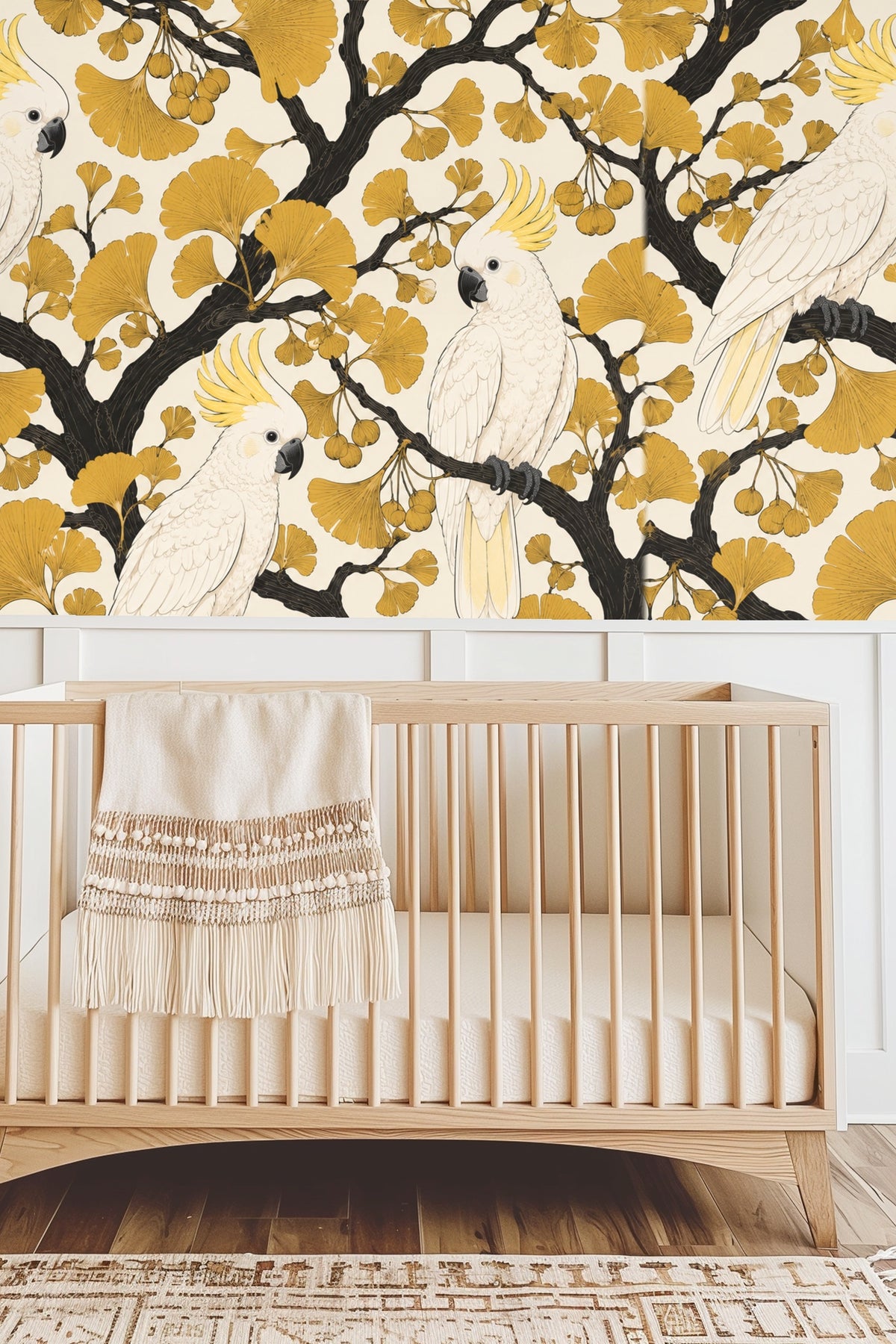 Close-up of white cockatoo with yellow crest on ginkgo branch wallpaper