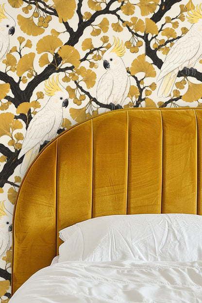 Full repeat of wallpaper pattern showing three perched cockatoos