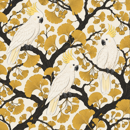 Ginkgo leaf clusters framing the cockatoo figures on wallpaper