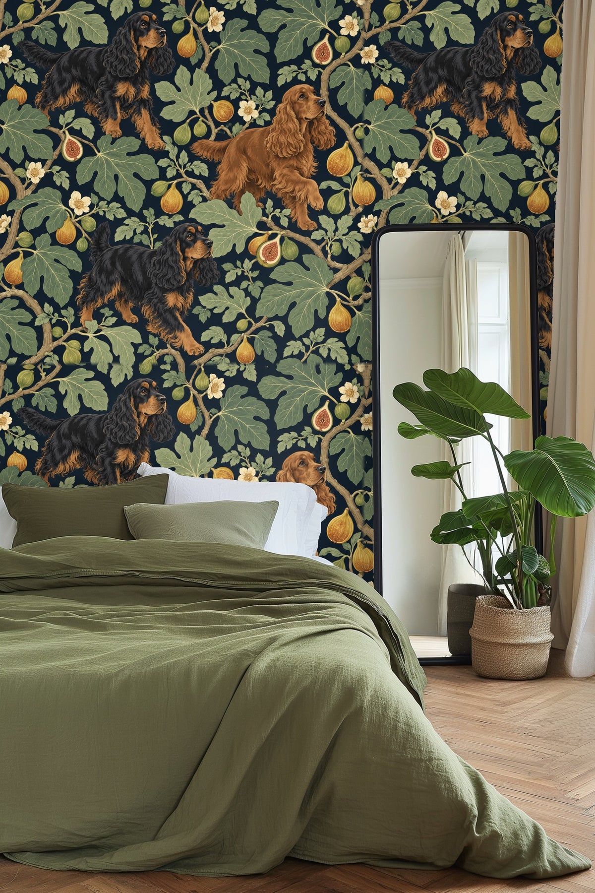 Sofa with cream cushions in front of wallpaper accent wall