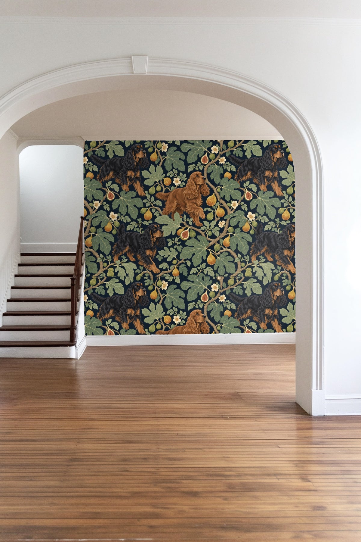 Full repeat pattern showing figs, leaves and spaniels on navy background