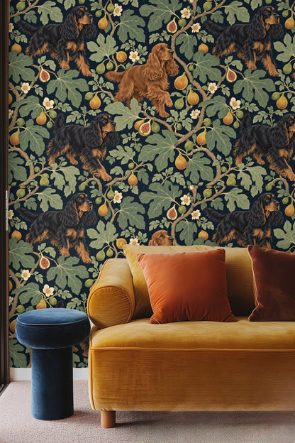 Fig leaf clusters and textured branches in the wallpaper