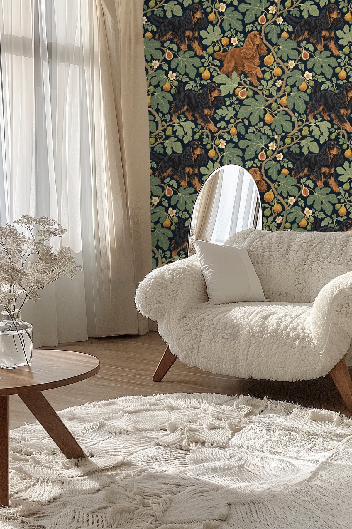 Pattern scale shown against peach headboard in bedroom setting