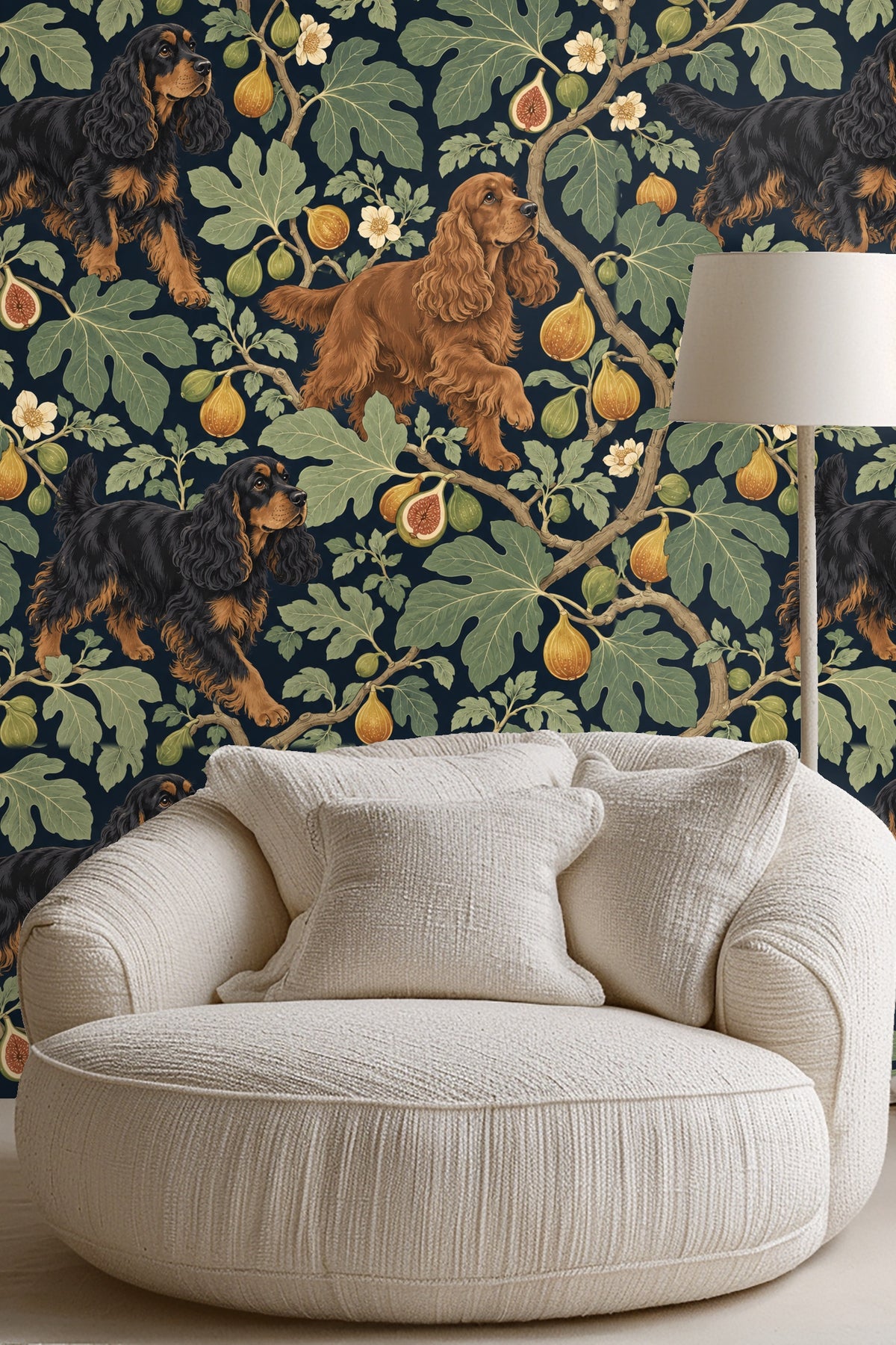 Living room corner with round cream sofa and lamp, adorned with navy spaniel and fig wallpaper