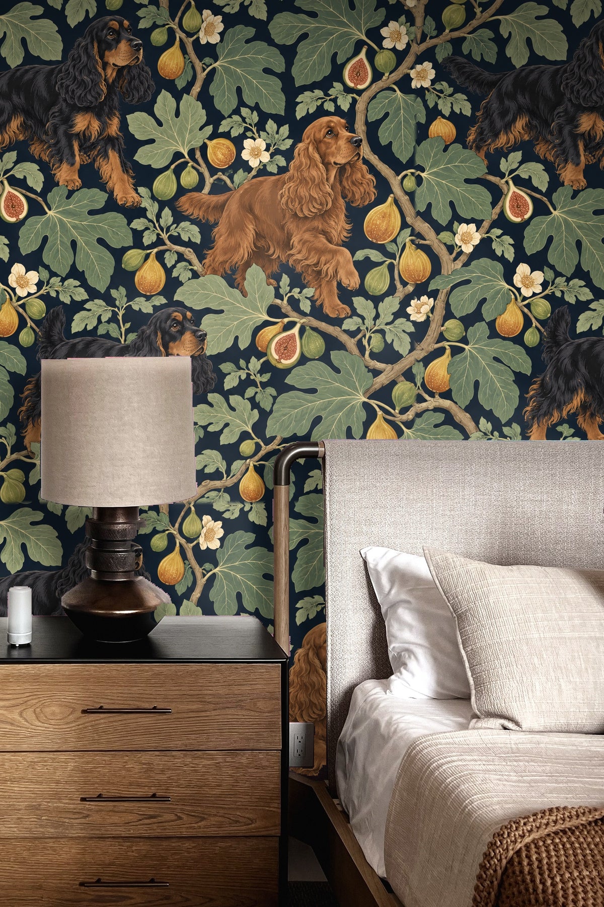 Close-up of golden brown spaniel walking on fig branch wallpaper