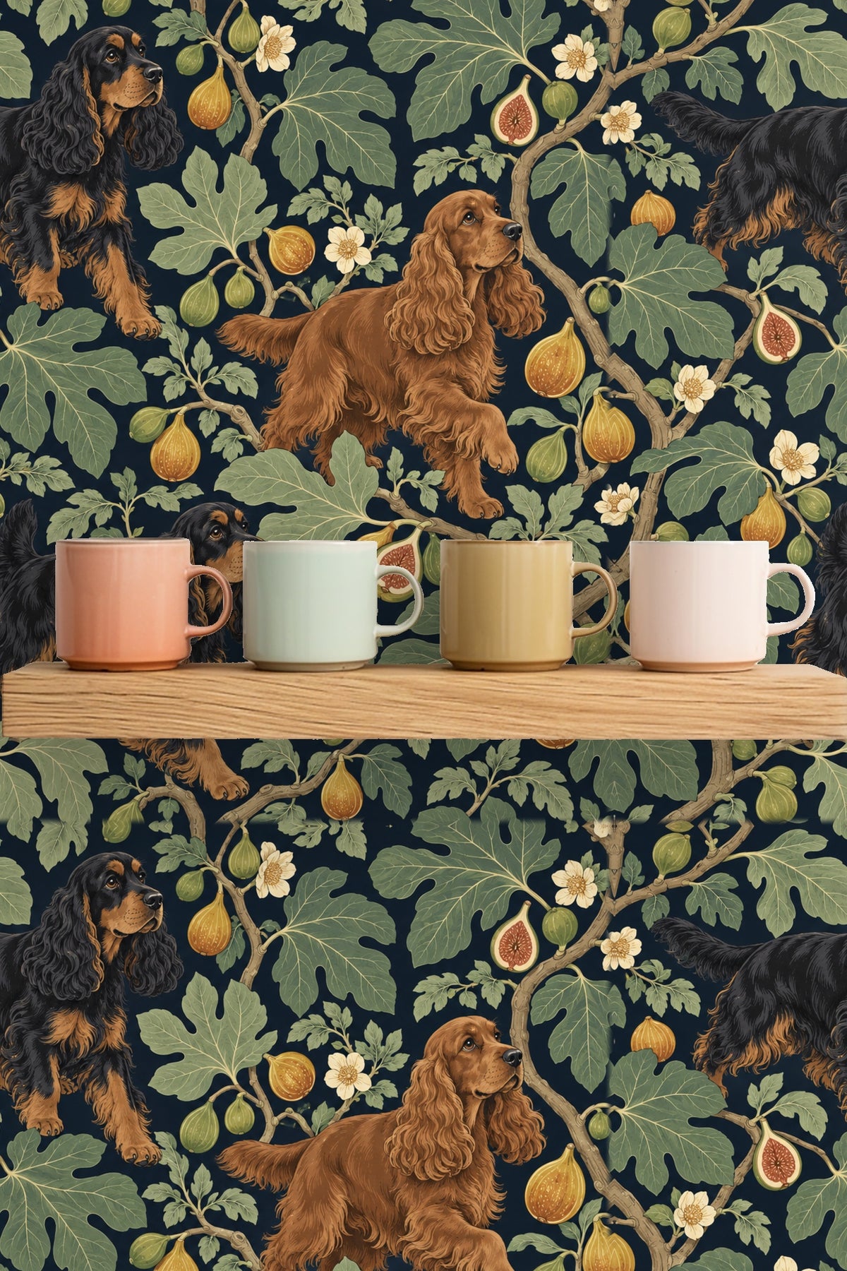 Close-up of black and tan spaniel on the fig branch wallpaper