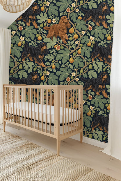 Original wallpaper artwork showing two spaniels among fig branches on a navy background