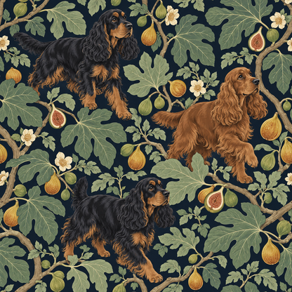 Lamp casting warm light on spaniel and fig wallpaper