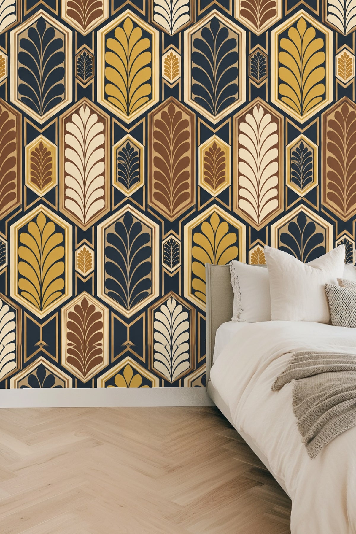 Honeycomb Feather Vault hexagonal feather motifs in ochre and navy